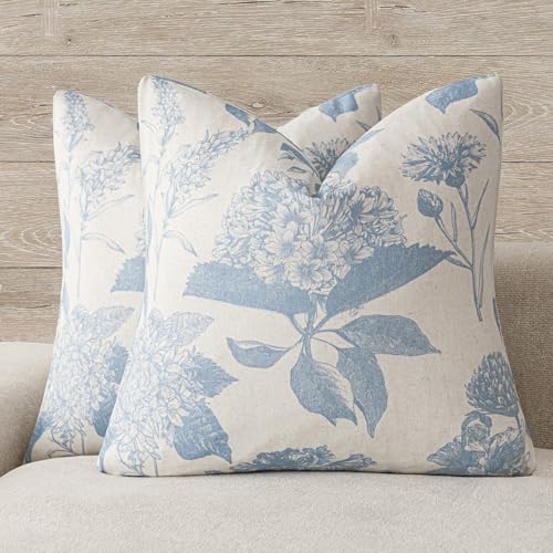 Image of Foindtower Set of 2 Linen Floral Vintage Throw Pillow Covers Neutral Accent Decorative Cozy Cushion Covers Farmhouse Boho Home Decor for Sofa Chair Couch Bedroom Living Room,22x22 Inch,Sky Blue