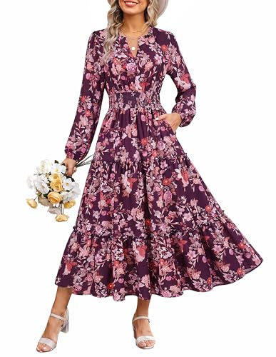 Image of GRACE KARIN Women's Floral Maxi Dress 2026 Fall Long Sleeve V Neck Empire Waist A Line Flowy Dress with Pocket