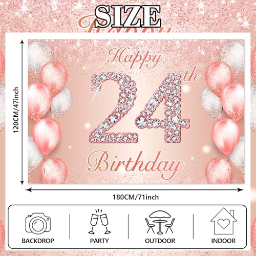 Image of Happy 24th Birthday Rose Gold Banner Cheers to 24 Years Old Backdrop Confetti Balloons Theme Decor for Women 24 Years Old Pink Birthday Party Decorations Bday Supplies Background Favors Gift Glitter