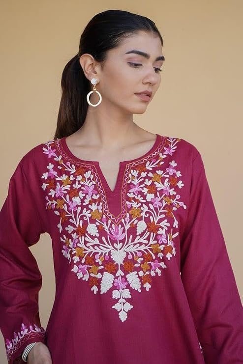 Image of Women's Magenta Embroidered Kurti with Floral Yoke Design