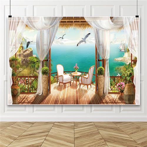 Bovlleetd 2.2x1.5m Paisaje costero Fondo balcón Europeo Ventana Paisaje de Verano Fondo jardín Paisaje Marino fotografía de Fondo Fiesta de Fondo Estudio Accesorios fotográficos Vinilo
