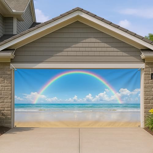 Rainbow Beach - Cubierta para puerta de garaje, vibrante escena costera del océano, decoración grande para puerta de garaje, decoración de verano al aire libre para el hogar, 157 x 71 pulgadas