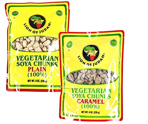 Vegetarian Soya (Soy) Chunks Pack of 2 by Lion of Judah Sealed with O Datz Good Packaging (Caramel & Plain)