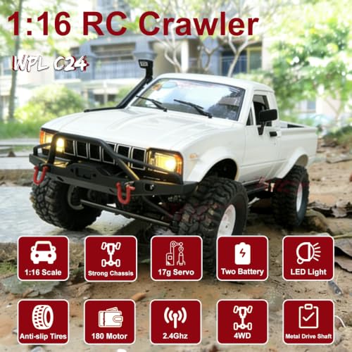 Image of YUCT WPL C24-1 1 /16 RC Crawler 4x4 RC Truck | All Terrain Off Road Rock Crawler with Metal Drive Shaft & Two Batteries for Adults, White