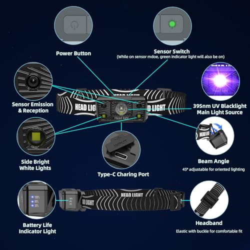 SEVENKA Lanterna de cabeça UV 2 em 1, luz preta, LED recarregável, luz negra UV mãos-livres, 395 nm,