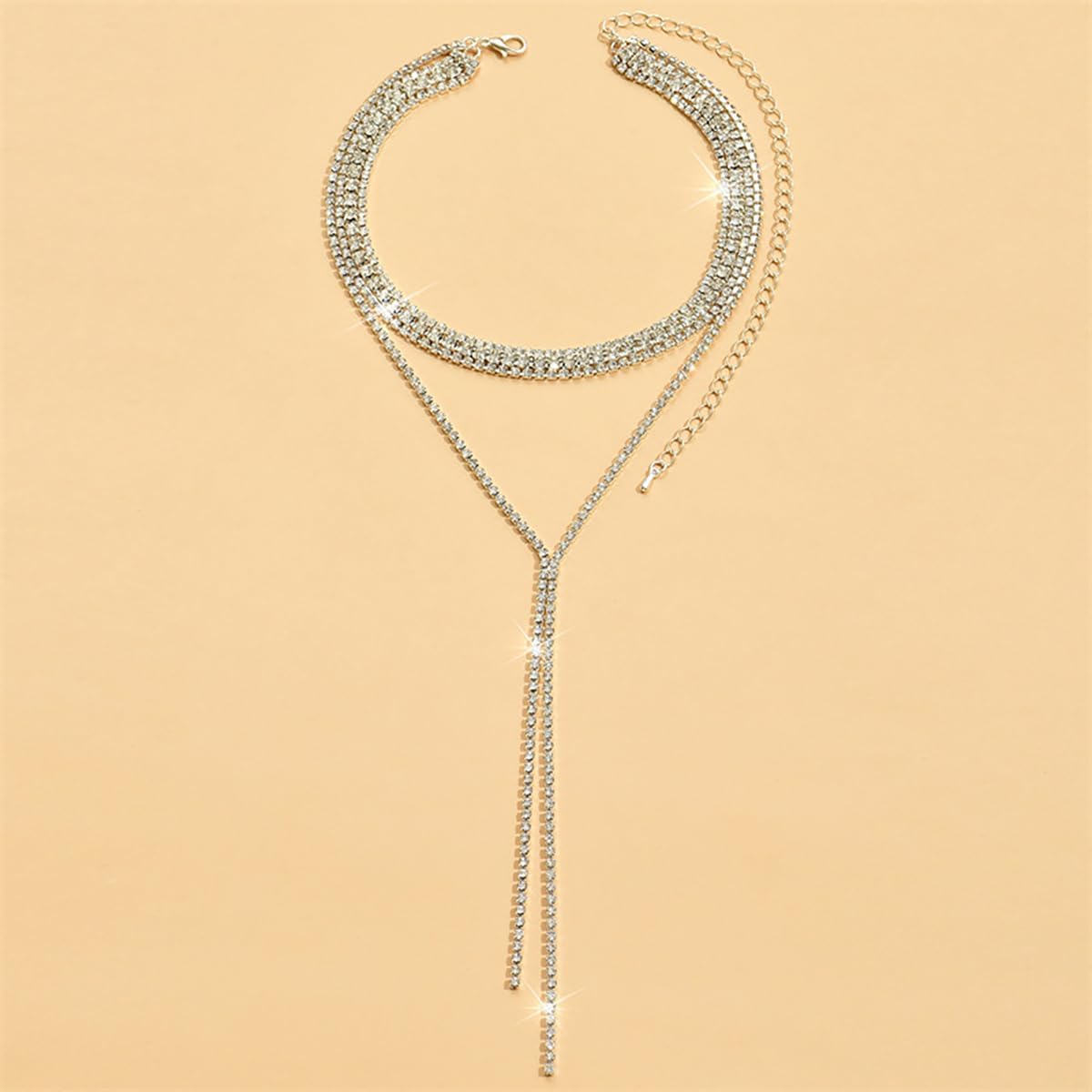 Sparkly Rhinestone Choker Necklace Black Layered Long Tassel Y Statement Necklace Multilayer Sweater Chain Necklaces Wedding Party Prom Jewelry Accessary for Women - Image 5