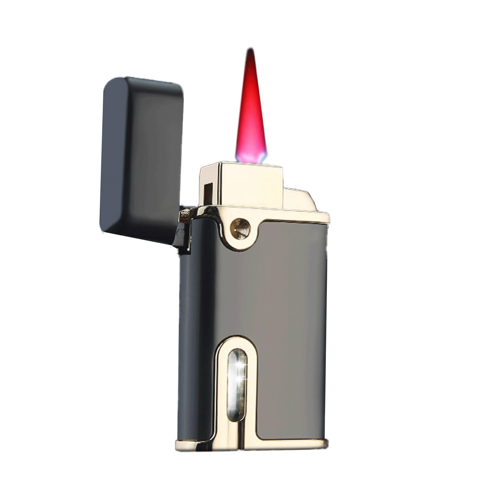 Classic flip-top push-button lighter, high-end diamond-encrusted with visible gas window, windproof jet flame, adjustable, refillable gas portable lighter (fuel not included) Black(Black)