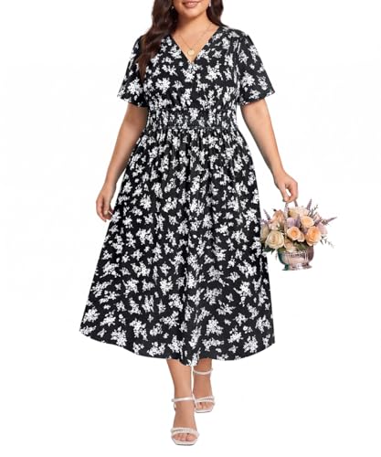 Image of CARCOS Plus Size Dresses for Curvy Women V Neck Summer Maxi Dress Short Sleeve Floral Boho Dress Smocked Waist Beach Dress