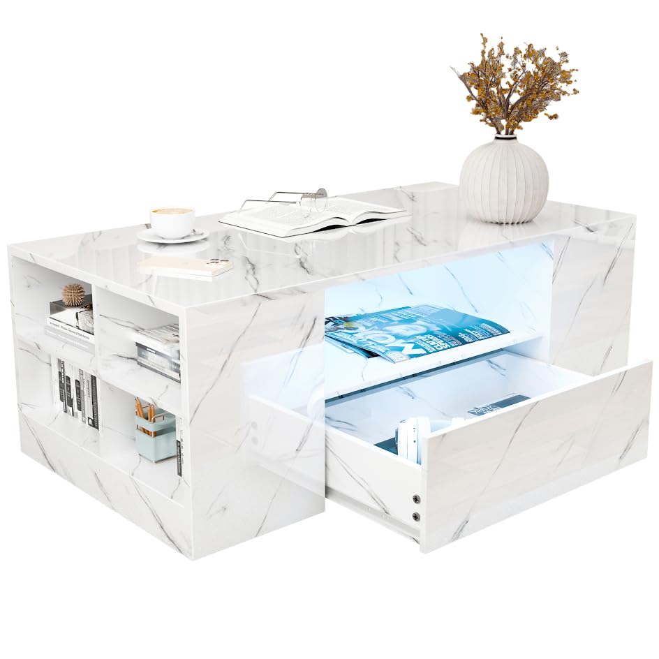 High Gloss Coffee Table with Storage, Coffee Tables Wooden Centre Tea Table with Led RGB Lights 2 Drawer Storage and Open Shelf Rectangle Coffee End Table For Home Office Furniture