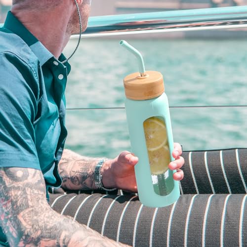 Image of 24oz Glass Water Bottle with Straw and 2 Lids, Mint Green | Bamboo and Spout Lid, Non-slip Silicone Sleeve, with Motivational Time Marker, for Gym, Sports, BPA Free & Cupholder Friendly