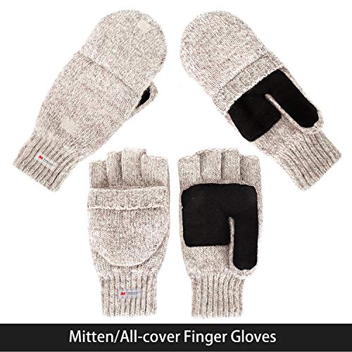 FWPP Winter Fingerless Gloves for Men Women Thinsulate Inner Wool Acrylic Knit Leather Palm - Thumbnail 6