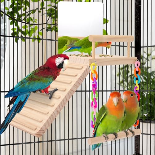 Image of KyoukiBird Perch Platform Bird Toys with Bird Mirror Climbing Ladder Swing, Parakeet Cage Accessories - for Cockatiels, Lovebirds, Budgies,Pacific Parrotlets,Finch,Canaries - Wooden Play Gym