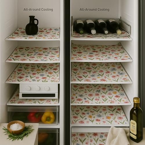 Image of Side-by-Side Door Fridge Shelf Liners Set: Mats for Refrigerator and Freezer Sections -Machine Washable Liners for Glass Shelves, Drawers, and Trays Refrigerator Accessories, Pack of 22(Spring Floral)