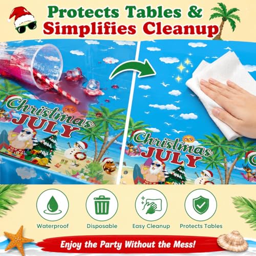 Image of tineit 3 Pieces Christmas July Decortions 54 x 108 Inch Plastic Tablecloth for Hawaiian Kalikimaka and Santa, Table Cover Gift Summer Pool Party Supplies | Hawaiian Kalikimaka Tablecloth, Perfect for Summer Pool Party Supplies, Durable Plastic