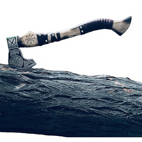 [DARK WARRIOR] Handmade Forged Carbon Steel Aegishjalmr Viking Axe with Sheath - Traditional Norse Bearded Axe Hatchet - 'Helm of Awe' Symbol Hand Craved Solid Handle (Aegishjalmr Viking Axe 22