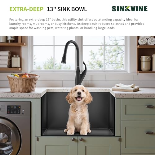 Image of 24-inch Black Undermount Laundry Utility Sink, Stainless Steel | 24x19x13 Extra Deep Single Bowl for Laundry, Garage and Outdoor Kitchen with Grid, Strainer and Drying Rack, Nano PVD Finish
