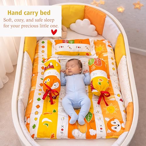Image of Fareto Combo of Baby Bed with Net | Carry Bag | 4 Pcs Bedding Set (0-6 Months, Baby Size, Cotton) (Orange Fox)