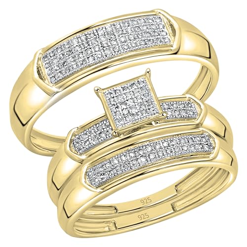 Dazzlingrock Collection Round White Diamond Square Micro Pave Wedding Trio Ring Set (0.30 ctw, Color I-J, Clarity I2-I3) in 18K Yellow Gold Plated Sterling Silver