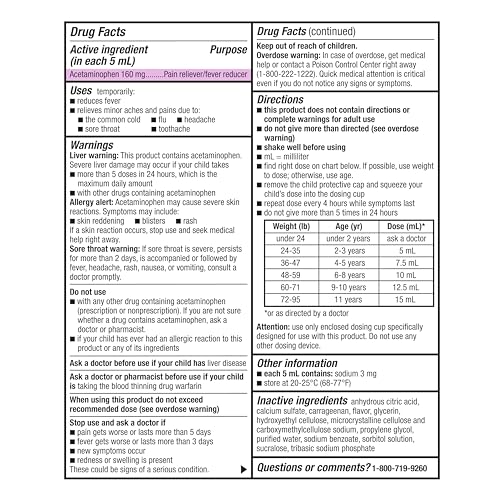 Image of Amazon Basic Care Children's Pain and Fever, Acetaminophen 160 mg per 5 mL Oral Suspension, Dye-Free Cherry Flavor, 8 fl oz