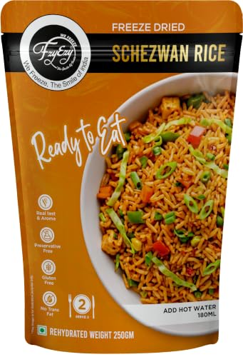 Image of FzyEzy Freeze-Dried Instant Meal Pack - Ready-to-Eat Travel Food | Lightweight, Long Shelf Life | Ideal for Camping, Hiking, Trekking, Emergency Survival | No Preservatives | Veg Meals (Schezwan Rice)