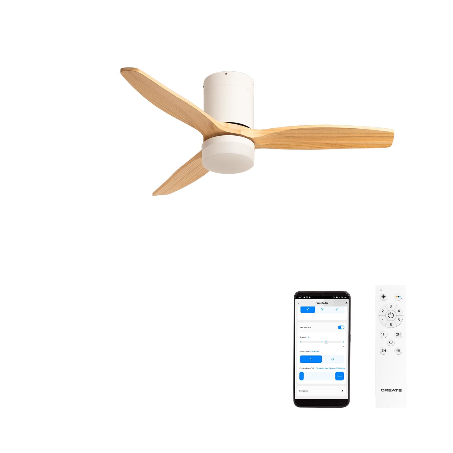 CREATE/WINDCALM S/Ventilador de techo ABS con luz blanco aspas efecto madera clara con Wifi y mando / 40W, Silencioso, Ø112 cm, 6 velocidades, 3 temperaturas de luz, función verano-invierno