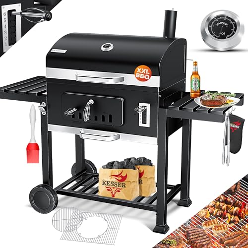 KESSER® Barbecue con Carrello XXL Barbecue a carbonella con Coperchio, Ruote, Manico in Acciaio Inox, griglia e termometro a carbonella,Grande Barbecue a carbonella Barbecue da Campeggio