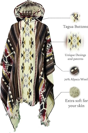 Image of Alpaca Mens Poncho with Hood - Cowboy Serape Western Poncho - Clint Eastwood Poncho for Men - Ecuadorian Cloak with Hood Men