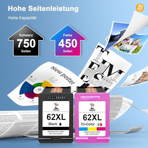 Palmtree 62XL patronen Kompatibel Ersatz für HP 62 Druckerpatronen 62 XL HP62 62XL Schwarz and Farbe Patronen für HP Envy 5540 5548 7640 5640 5646 OfficeJet 250 200 5740 5742