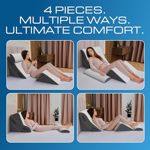 Image of Kolbs Bed Wedge Pillow for Sleep Apnea, FSA Eligible Acid Reflux, and Back Pain Relief, with Chic Jacquard Cover - Headboard Wedges for Sleeping (4 Piece Wedge Set)
