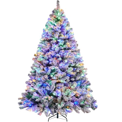 Yaheetech 6ft Pre-lit Spruce Artificial Christmas Tree Snow Flocked Hinges Tree with 250 Multicolor LED Lights & 820 Branch Tips & Metal Stand for Home, Office, Party Decoration, Green & White