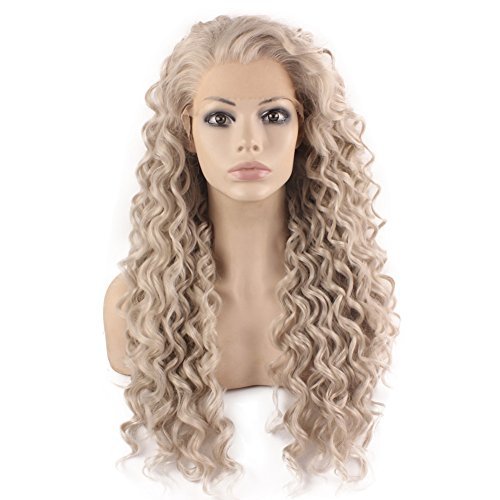 MX angel Long Heat Resistant Synthetic Hair Celebrity Silver Gray Stylish Curly Lace Front Wig