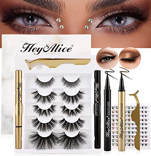 Magic False Eyelashes and Eyeliner Kit, No Glue No Magnetic Eyelahses Set, Black and Brown 2 Liquid Eyeliners,5 Styles Mixed Faux Mink 25mm Dramatic and Natural Lashes Pack with Tweezers