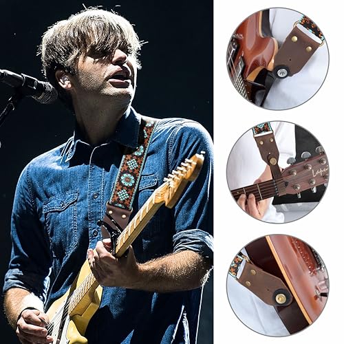 Image of Nefelibata Guitar Strap,Jacquard Embroidery Cotton Guitar Straps with Crazy Horse Leather Ends for Bass, Electric & Acoustic, Best Gifts for Kids, Guitarists(Blue flower embroidery)
