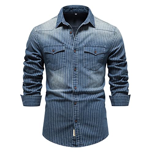 WINDEHAO Camisa de algodón de mezclilla a rayas para hombre, camisa vaquera lavada de manga larga, chaqueta casual con botones y dos bolsillos (azul, XL)
