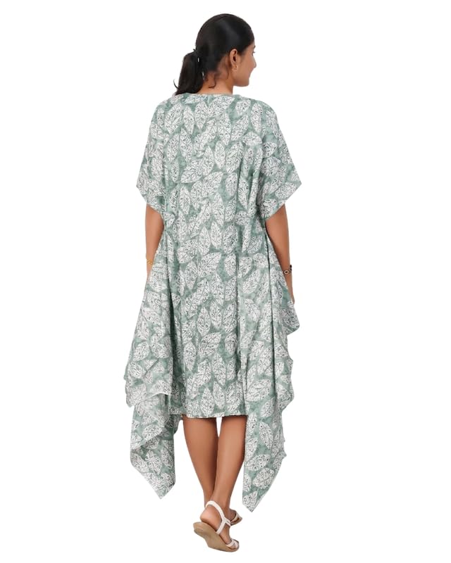 Image of MENMAII Women's Cotton Designer Dress|Fits up to 3XL| Front Open Button Down | Asymmetrical Hem | Chelsea Collar | Drop Shoulder | Flowy Loose Fit | Knee Length | Free Size [Pink Leaf]