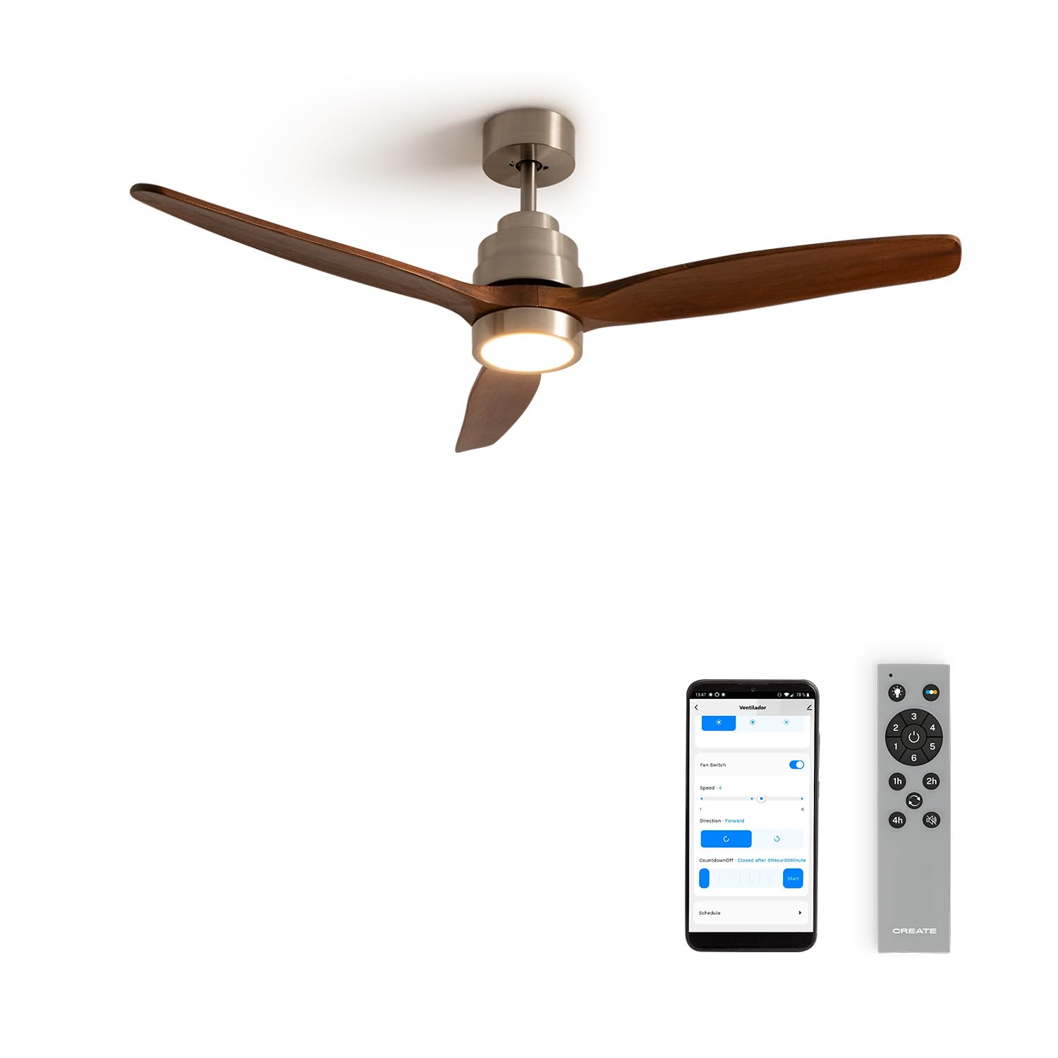 CREATE / WINDSTYLANCE/Ceiling fan with light nickel blades dark wood with Wifi and remote control/40W, silent, Ø132 cm, 6 speeds, timer, summer-winter, double height