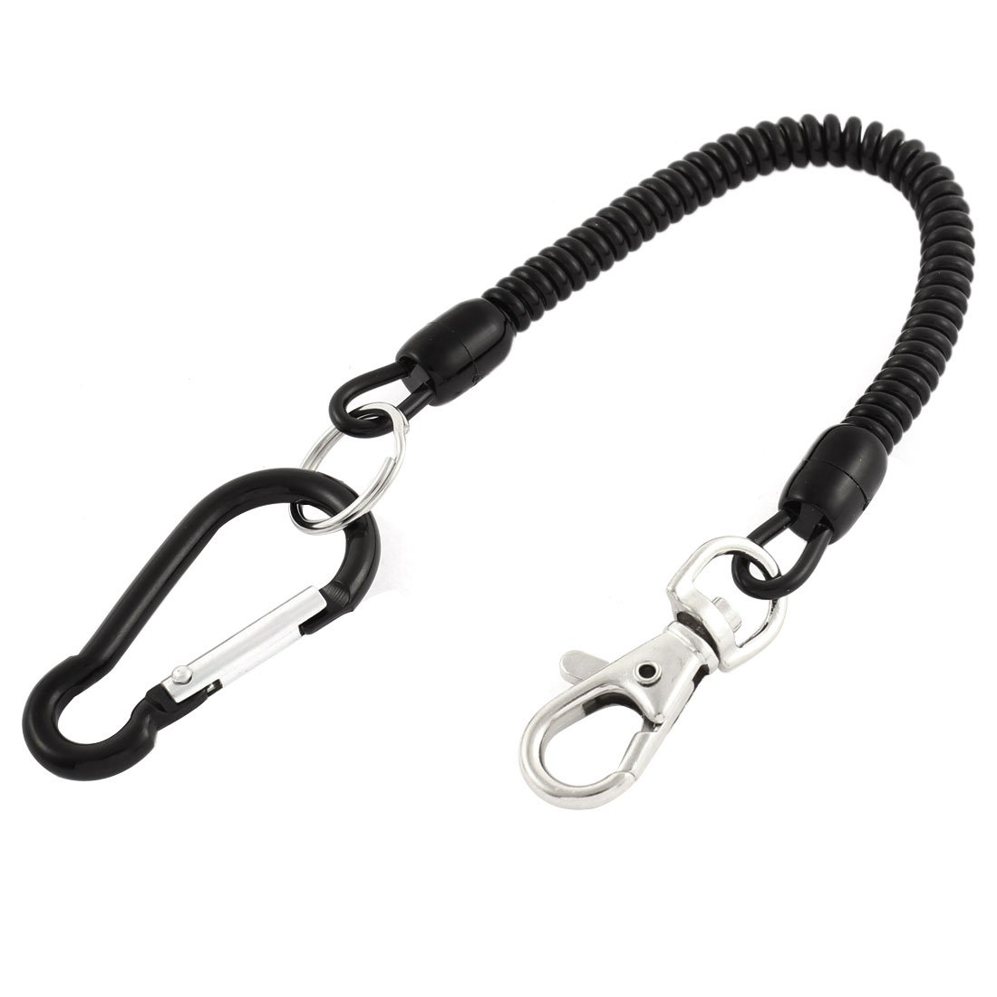 uxcell Spiral Fishing Lanyard, Retractable Wrist Spring Rope Keychain with Carabiner Hook Lobster Clasp, Black Elastic Coiled Cord Lanyard for Fishing, Climbing, Boating, Pliers, 1 Pcs