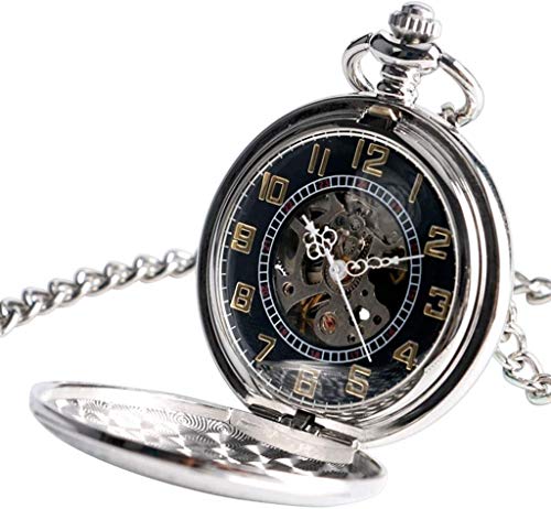 Moderne Simplicity Uhren Automatik Mechanische Skelett Taschenuhr Vintage Silber Schild Design Schwarz Skelett mit 30 cm Kette