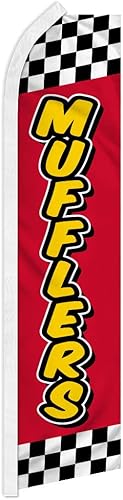 Mufflers - Bandera publicitaria de Swooper roja y amarilla, perfecta para tiendas de rendimiento, mecánica, reparación de automóviles, tiendas de