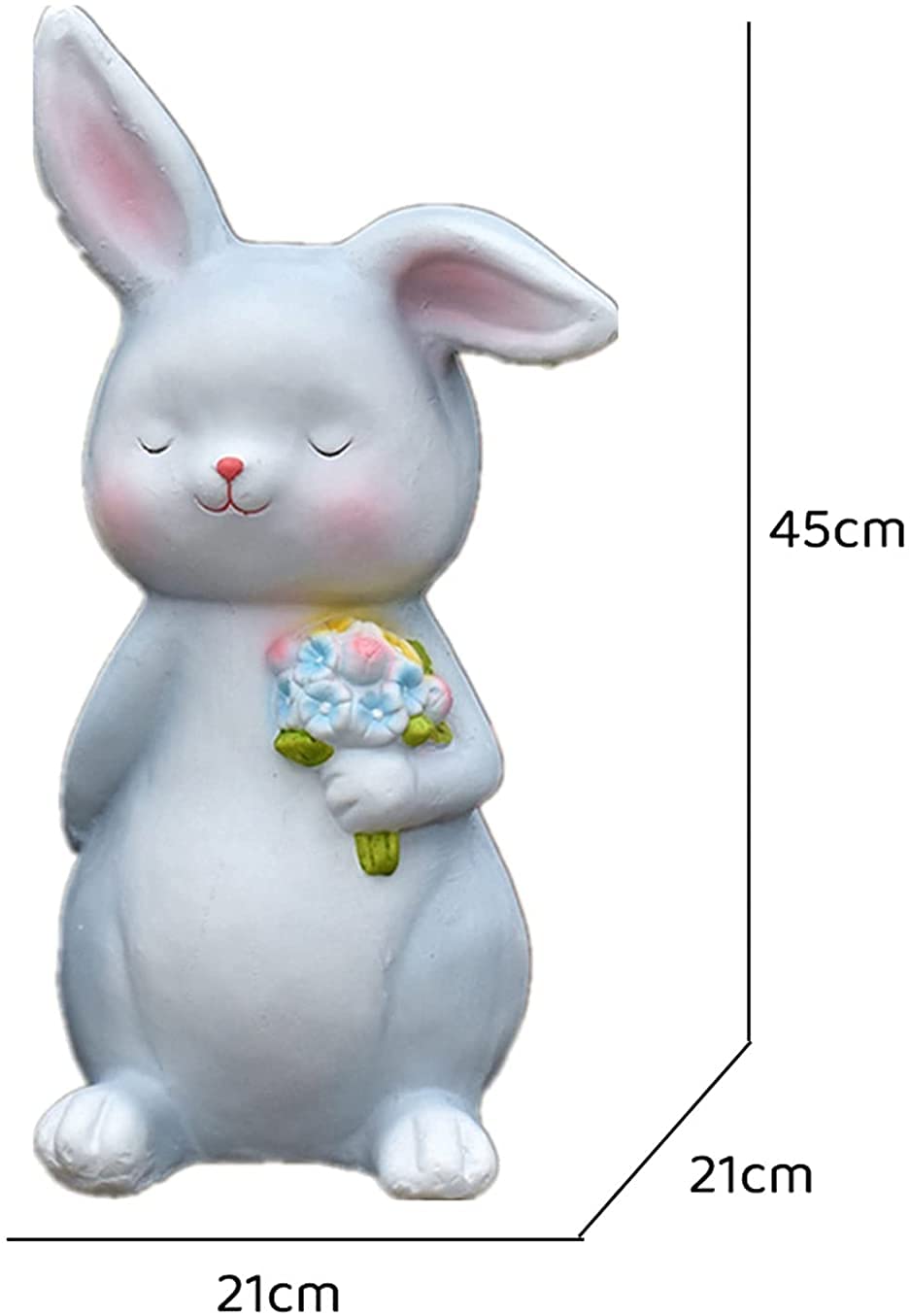 Figurka królika ogrodowego z żywicy, uroczy króliczek trzymający kwiaty na zewnątrz trawnik statuetka dekoracja, 45 cm wysokości