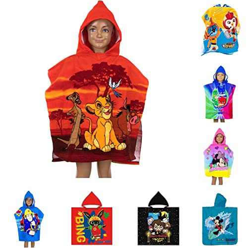 Poncho de bain pour enfant avec capuche, 55 x 110 cm, différents motifs : roi des lions, PJ Masks, Batman, Minnie Mouse, Cars, LOL Surprise, Top Wings, Sam, poncho (roi des lions)