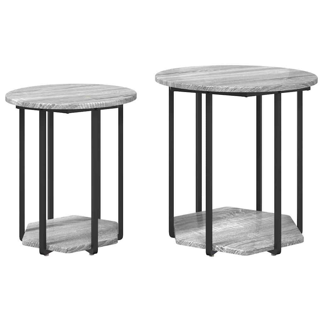 Juego de 2 mesas auxiliares con estante, color gris, diseño industrial, mesa de centro de madera y metal, mesa cuadrada para salón y dormitorio