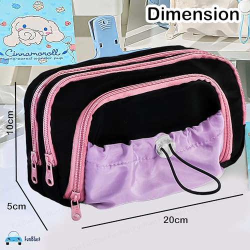 Image of FunBlast Pencil Pouch for Girls - Multiple Compartment Zipper Pouch With Drawstring Pocket, Aesthetic Kawaii Pencil Case, Cute Return Gift for Kids (Black-Pink)