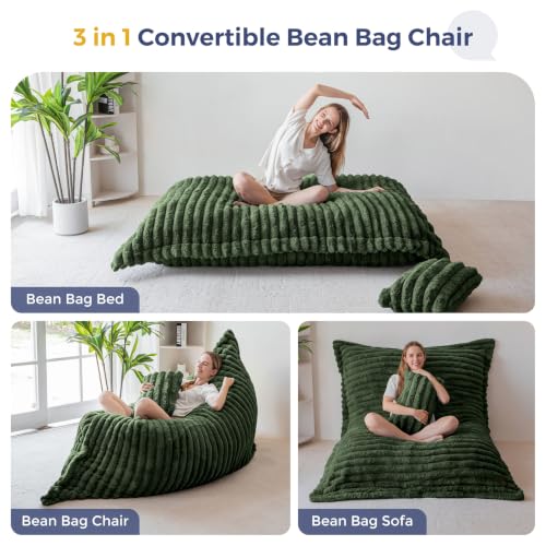 Image of MAXYOYO Giant Bean Bag Chair with Pillow, 3 in 1 Convertible Bean Bag Chair for Adults with Removable Cover, Floor Cushion Stuffed Floor Lounger for Living Room Bedroom, Dark Green