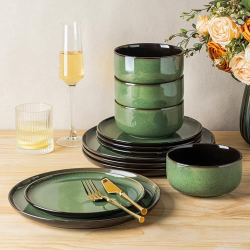 Image of LERATIO Ceramic Dinnerware Sets for 4,Porcelain Plates and Bowls Sets,Handmade Reactive Glaze Dishes Set,Oven&Dishwasher & Microwave Safe,Service for 4
