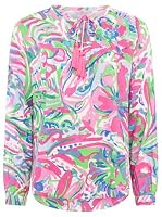 Zwillingsherz Damen Bluse Tunika mit Blumenmuster, Langarm, Rosa-Grün-Blau, Quastendetail Gr. L – Ansicht 3