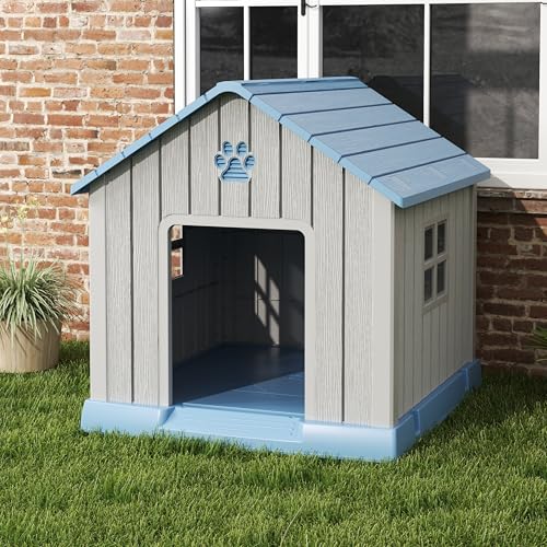 Bifanuo Dog House for Outdoor & Indoor Use with Window, Waterproof Ventilated Kennel with Elevated Floor, Easy to Clean Shelter for Small Medium Dogs (Blue, 29.9" L x 32.3" W x 32.5" H)