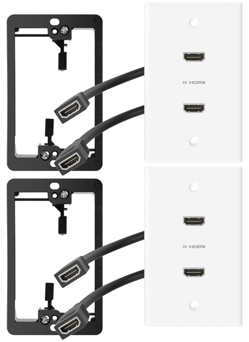YOEMELY 8K HDMI Wall Plate in White, 2 Port, 2 Pack, HDMI Outlet Wall Plate with HDMI Wall Outlet Cable to Support 8K 60Hz and 4K 120Hz, Low Voltage Bracket for Drywall Mount