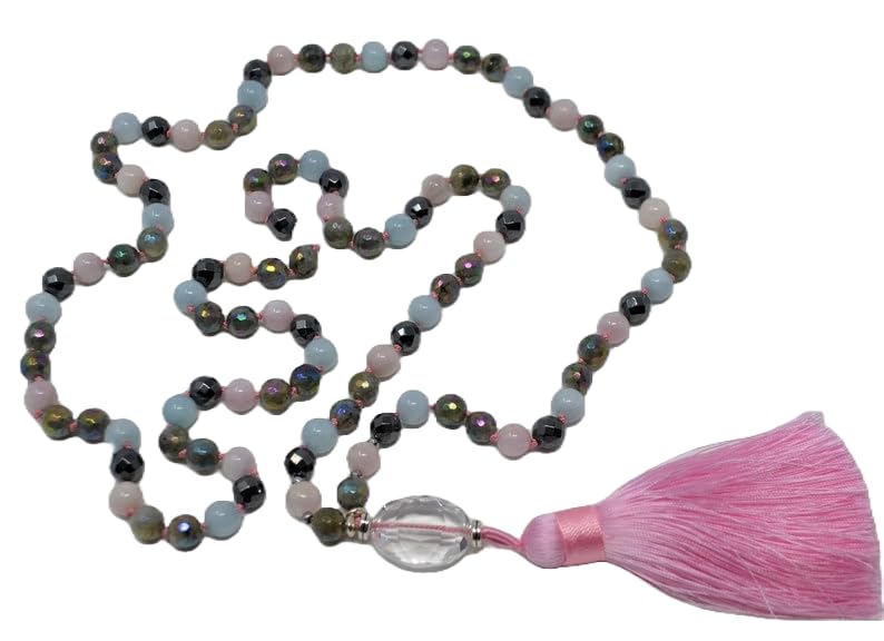 Naturalny labradoryt, akwamaryn, kunzyt, hematyt 8 mm-5 x 2 mm, 108 koralików mala, duchowe, koraliki do medytacji, Reiki, Japa Mala, buddyjskie koraliki modlitewne, bransoletka do jogi, koraliki