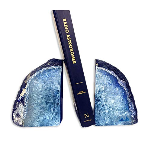 AMOYSTONE Stone Bookends Agate Book Holder for Office Decorative and Home Dyed Blue
